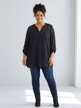Kim Rogers Black Henley Tunic with Roll-Tab Sleeves